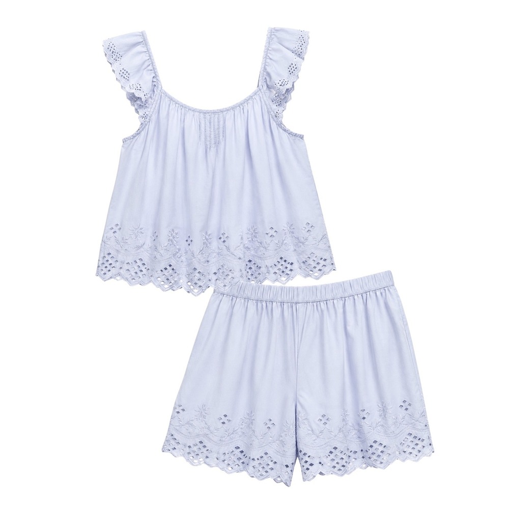 Shabby Chic Light Blue Eyelet Cotton Pajama Set Large